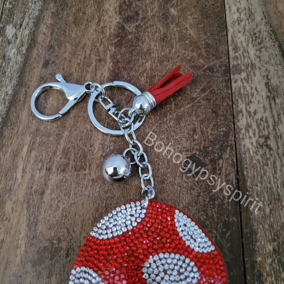 🍄 Mushroom Crystal Rhinestone Keychain Bag Charm With Red Tassel - Picture 7 of 13